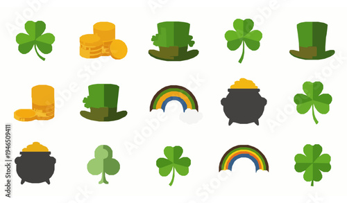 St. Patrick’s Day Icon Set Shamrock Leprechaun Holiday Vector Collection