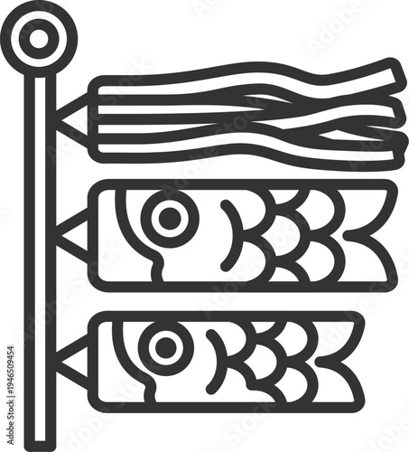 鯉のぼり（吹き流し・真鯉・緋鯉）のアイコン（線画）のイラスト