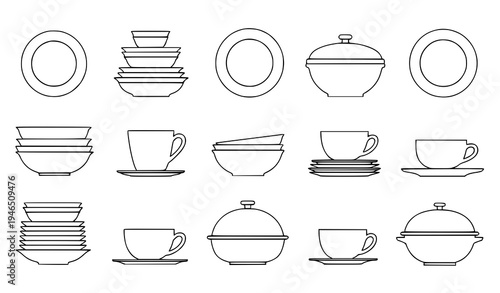 Dishware Set Plates Bowls Tableware Vector Illustration Collection