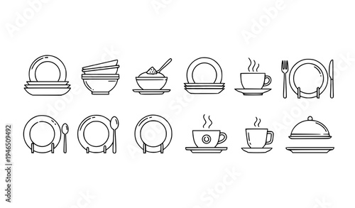 Kitchen Tableware Dish Icon Set Minimal Plate Bowl Vector Pack