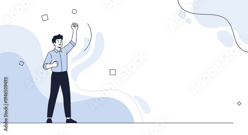 Man celebrating success with raised fist, abstract blue shapes, minimalist illustration
