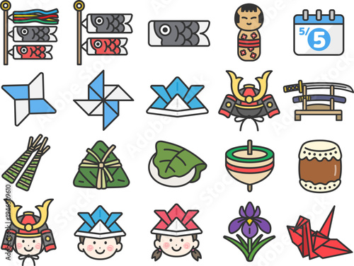 いろいろな、こどもの日のアイコン（線画カラー）のイラストセット