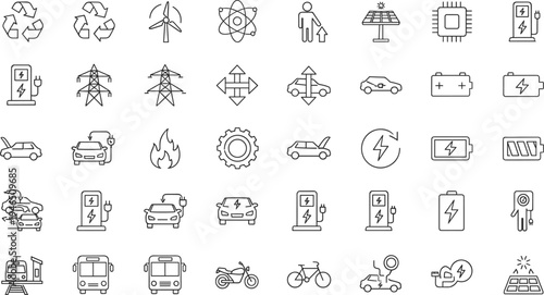 Set of electric vehicle and renewable energy line icons featuring EV charging stations, sustainable transportation, battery power, solar energy, wind turbines, and eco-friendly technology.
