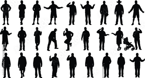 Black silhouettes of elderly people walking, person using mobile phone, winter clothing silhouettes, diverse pedestrians isolated on white background, group.