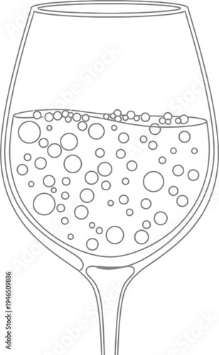 A detailed line drawing of a wine glass filled with bubbly liquid