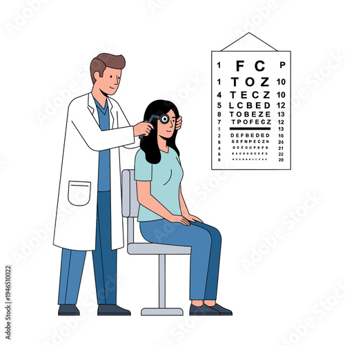 Optometrist examining patient's eye with chart in background - illustration