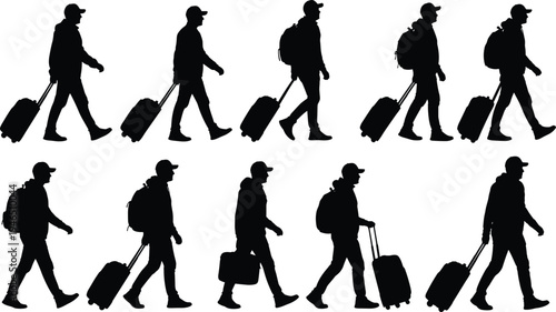 Black silhouettes of travelers walking with suitcases, passengers carrying luggage and backpacks, tourists in motion, isolated icons on white background.
