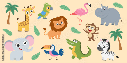 Cute Jungle Animals Vector Set. Cartoon Safari Wildlife Characters Collection with Lion, Elephant, Giraffe, Zebra, Monkey, Crocodile, Flamingo, Parrot and Toucan. Funny Exotic Animals.