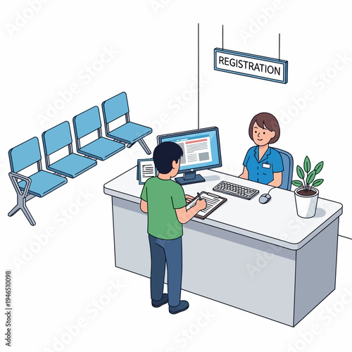 Patient registration at hospital reception desk with waiting chairs