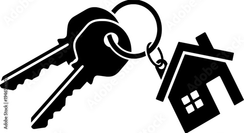 Black and white silhouette illustration of a set of house keys on a ring with a small home-shaped keychain, symbolizing real estate.