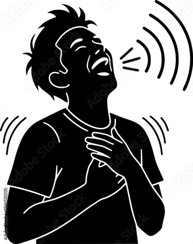 Black and white woodcut illustration of a man laughing out loud with his head back and hands on his chest, featuring sound wave graphic elements.