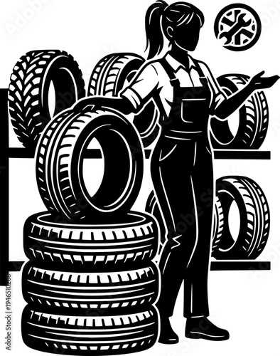 Black and white woodcut illustration of a female mechanic in overalls standing next to a stack of car tires in a garage or tire service workshop.