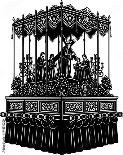 Black and white woodcut illustration of a Spanish Holy Week processional float with Jesus Christ carrying the cross under a canopy on a pasillo base.