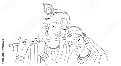 Line drawing of a man playing a flute with a woman beside him in traditional Indian attire with a simple white background.