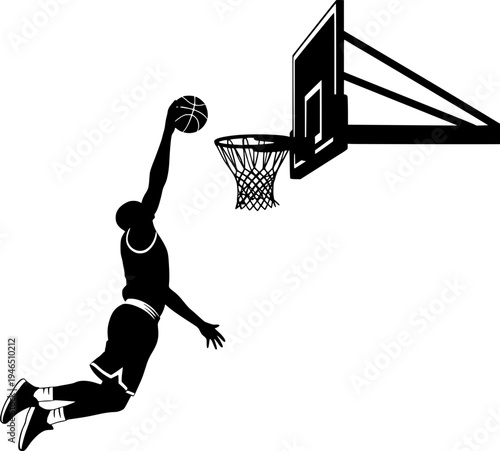 Black and white silhouette illustration of a basketball player performing a dramatic slam dunk jumping towards the hoop with a ball in hand.