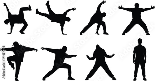 Set of black silhouettes featuring soccer players in various active poses including kicking, dribbling, and goalkeeping, isolated white background, vector