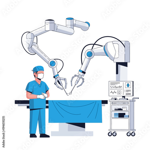 Surgeon Operating Robotic Arms in Modern Operating Room, Medical Technology