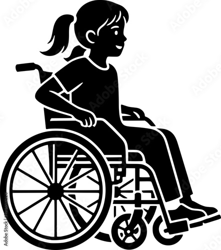 Black and white woodcut illustration of a young girl with a ponytail sitting in a wheelchair, representing accessibility and inclusion.
