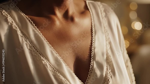 Close-up of Woman's Neck and Shoulder in Satin Robe with Lace Trim, Soft Bokeh Lights