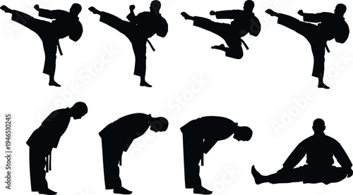 Set of black silhouettes featuring martial arts fighters in various traditional poses including high kicks and respectful bowing, isolated white background