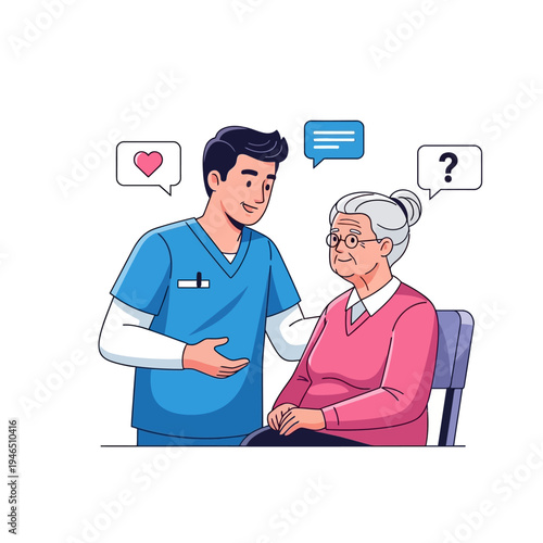 Caring nurse communicates with elderly woman, offering support and compassion