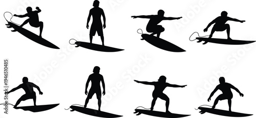 Set of Surfer Silhouettes Riding Waves on Surfboards, Action Sports Vector Icons, Summer Beach Vacation Activities, Water Sport Flat Design Elements