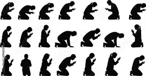 Silhouette of men and women kneeling in prayer, spiritual devotion figures set, religious worship icons, isolated people praying, faith and hope