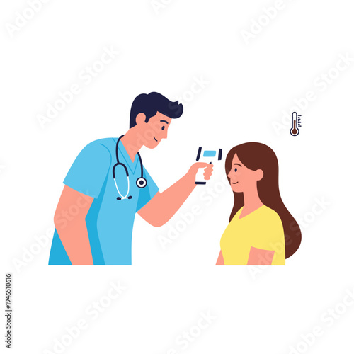 Doctor checks patient's temperature with infrared thermometer, health check concept