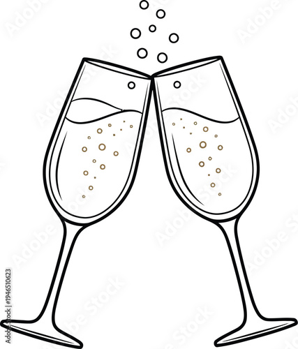 Two champagne flutes clinking together with bubbly drink and rising bubbles