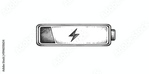 Hand-drawn battery icon with lightning bolt, isolated on white background—minimal sketch power and energy symbol for charging, electricity, technology UI and infographic design