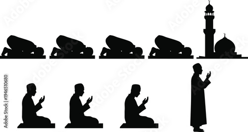 Silhouette of Muslim Men Praying in Sujud and Tashahhud Positions with Mosque Minaret and Dome Icon for Islamic Religious Design