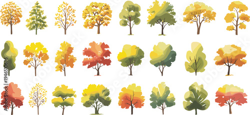 Colorful stylized vector tree collection featuring diverse autumn foliage shapes, decorative nature illustrations and modern flat design forest elements isolated for landscape and botanical projects