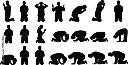 Silhouette of people prostrating and kneeling in prayer, Islamic Sujud and Christian worship poses set, religious devotion, faith, spiritual meditation