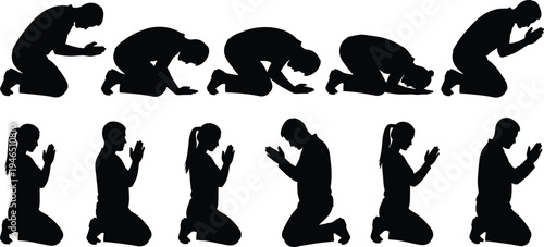 Silhouette of people standing in prayer and worship, spiritual devotion figures, religious character set, diverse men and women, faith