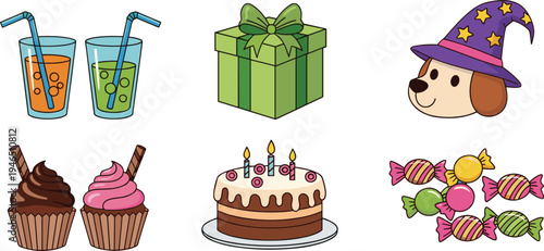 Cute party icons set, cupcakes cake candy drinks gift box dog wizard hat, birthday celebration illustration collection