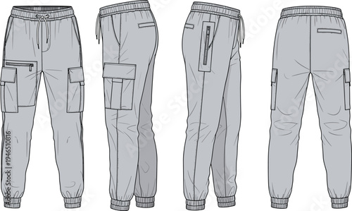 cargo, jogger, pants, cad, drawing, technical, vector, illustration, front, side, back, view, streetwear, apparel, clothing, pockets, fashion, design, blueprint, garment
