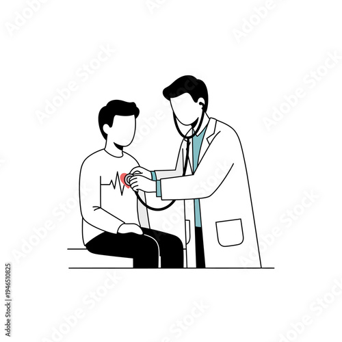 Doctor examining patient with stethoscope, heartbeat line illustration