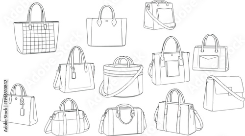 handbag, collection, fashion, bags, cad, drawing, technical, vector, illustration, tote, shoulder, purse, accessory, front, perspective, design, blueprint, leather, women, set