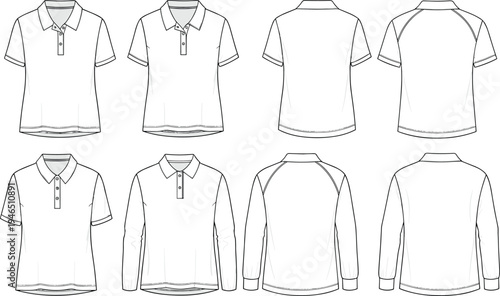 polo, shirt, template, cad, drawing, technical, vector, illustration, front, back, view, short, sleeve, long, sleeve, apparel, clothing, blueprint, design, garment