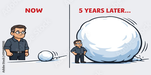 Now vs Five Years Later Weight Gain Comparison Cartoon with Man Standing Beside Small and Giant Snowballs Humorous Illustration.
