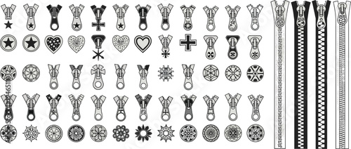zipper, slider, decorative, pulls, cad, drawing, technical, vector, illustration, sewing, tailoring, fashion, accessories, metal, shapes, symbols, garment, hardware, design, set