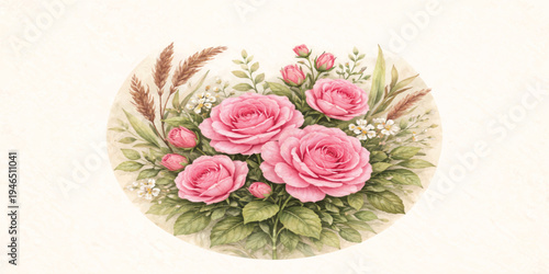 Vintage Watercolor Floral Composition with Pink Roses, Wild Meadow Grasses and Soft Botanical Arrangement Illustration