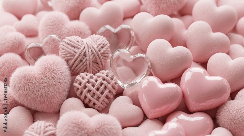 Obraz premium Soft romantic background with pastel pink hearts made of plush, yarn, glass and glossy ceramic textures arranged as cozy love concept backdrop for Valentine greeting design