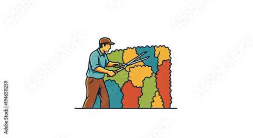 Gardener trimming colorful hedge with shears isolated