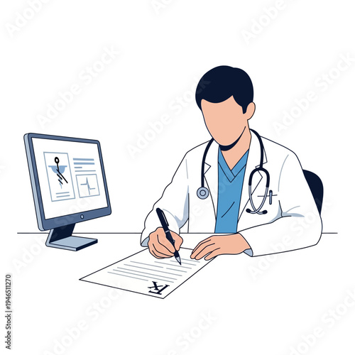 Doctor writing prescription at desk with computer screen showing medical chart