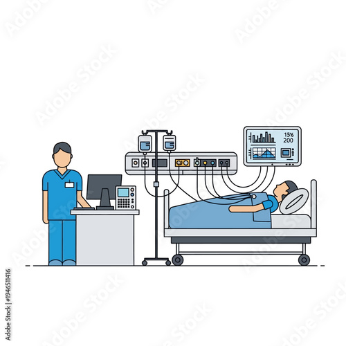 Medical Intensive Care Unit with Patient and Nurse Monitoring Vital Signs