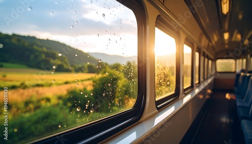 Passenger interior perspective looking out a window with raindrops on glass revealing a sunlit green rural landscape during a journey