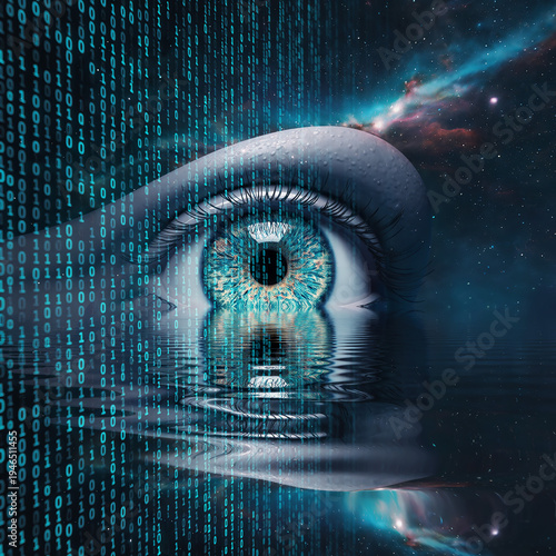 Visual representation of a human eye surrounded by digital elements and cosmic features at night