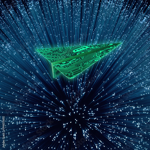 Paper plane flies through a digital space filled with glowing lines and dots in a dark background
