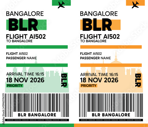 BLR, Bangalore, India luggage label, boarding pass template. Vector minimalist illustration with airport code, city destination, flight info. Flat, modern image layout